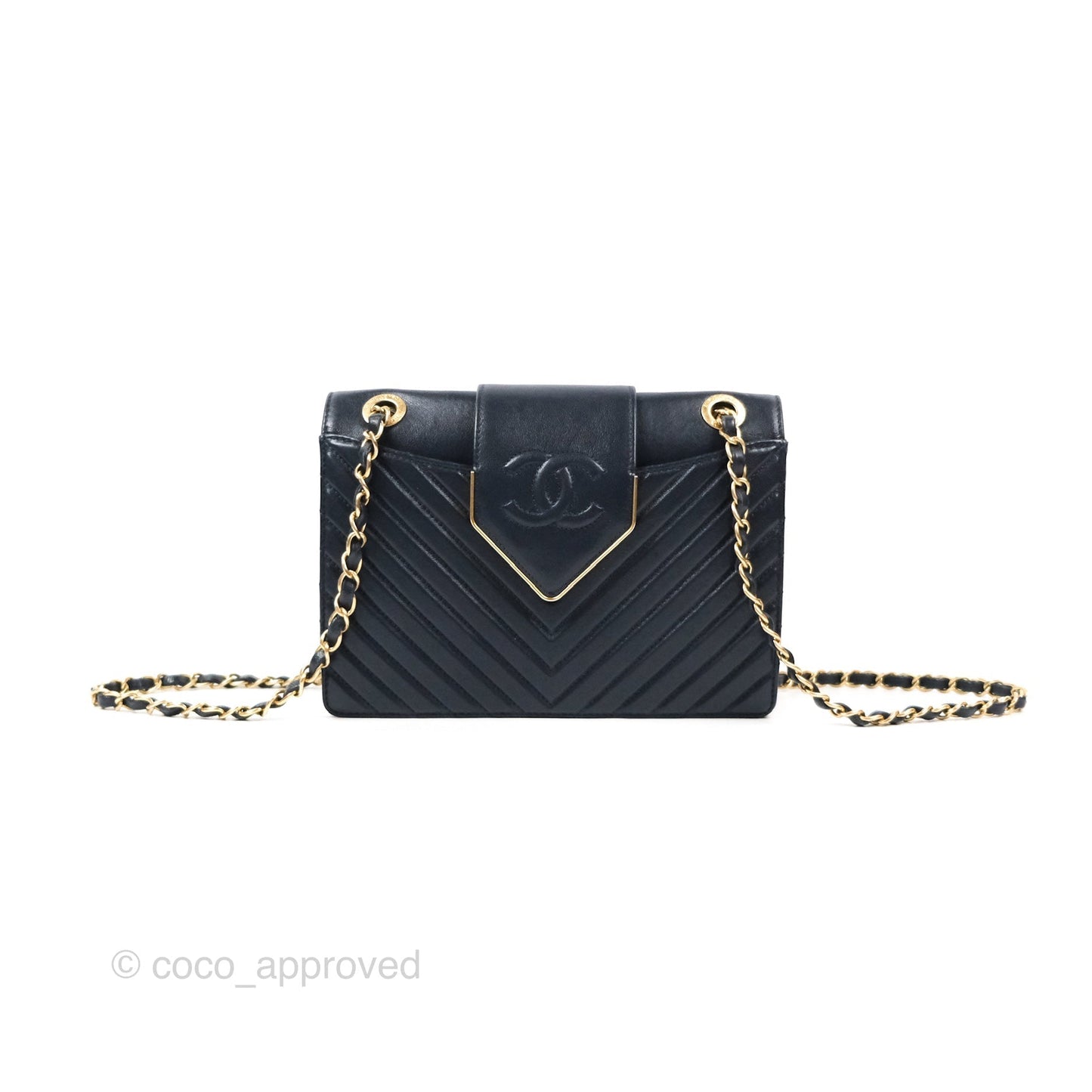 Chanel Mini Collar and Tie Flap Bag Chevron Navy Sheepskin Aged Gold Hardware
