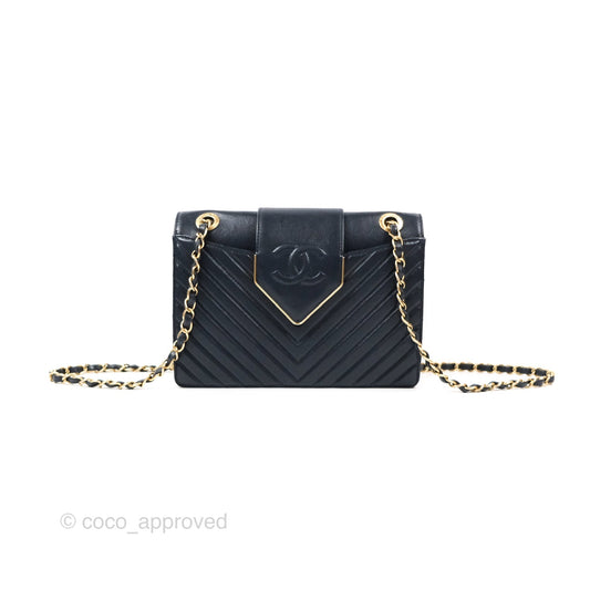 Chanel Mini Collar and Tie Flap Bag Chevron Navy Sheepskin Aged Gold Hardware
