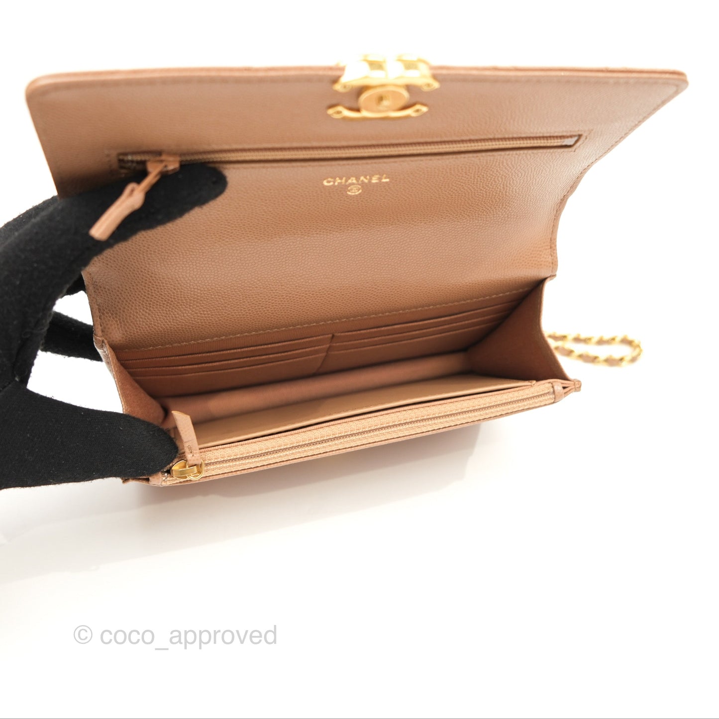 Chanel Coco First Wallet On Chain WOC Dark Beige Caviar Gold Hardware 22K