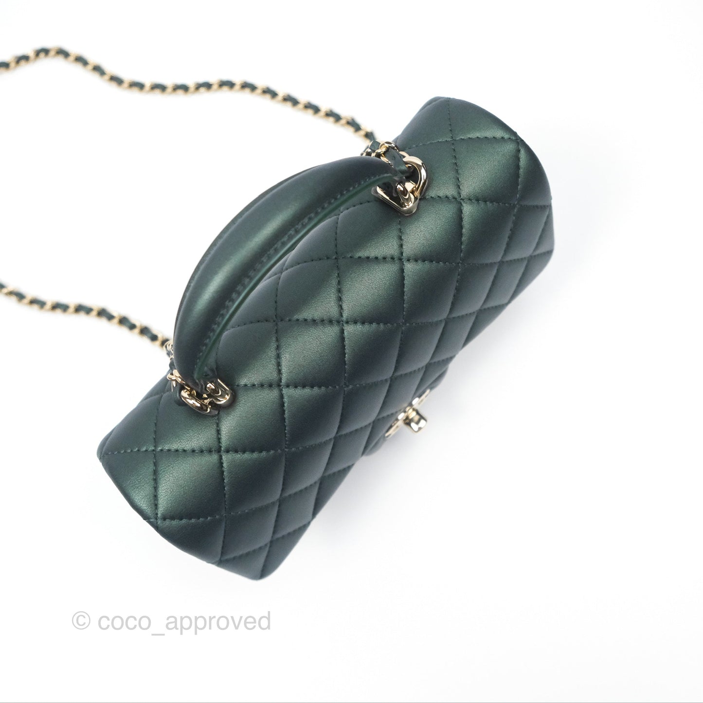 Chanel Top Handle Mini Rectangular Flap Bag Iridescent Dark Green Lambskin Gold Hardware