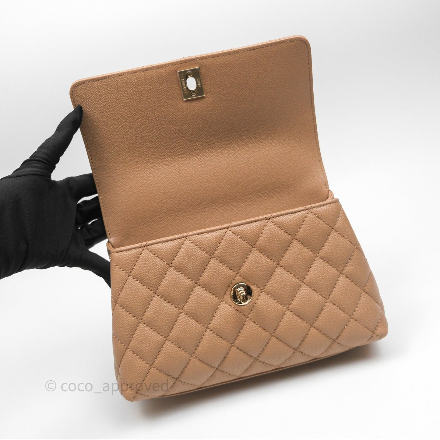 Chanel Small Coco Handle Quilted Dark Beige Caviar Gold Hardware