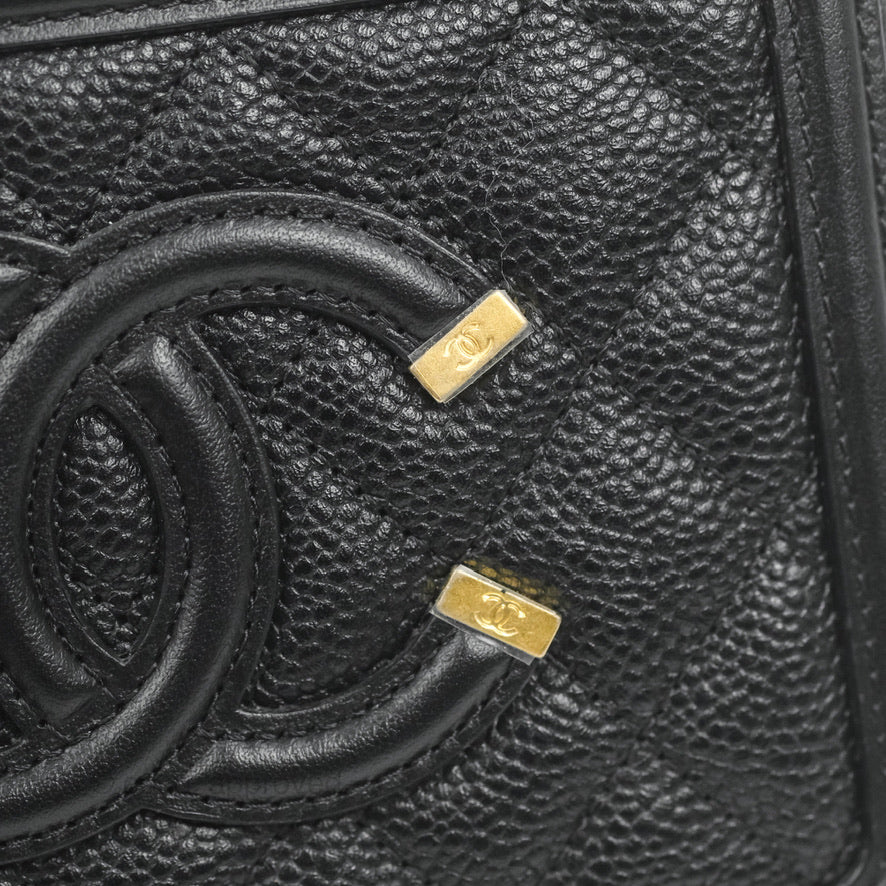 Chanel CC Filigree Vanity Clutch With Chain Caviar Black Aged Gold Hardware