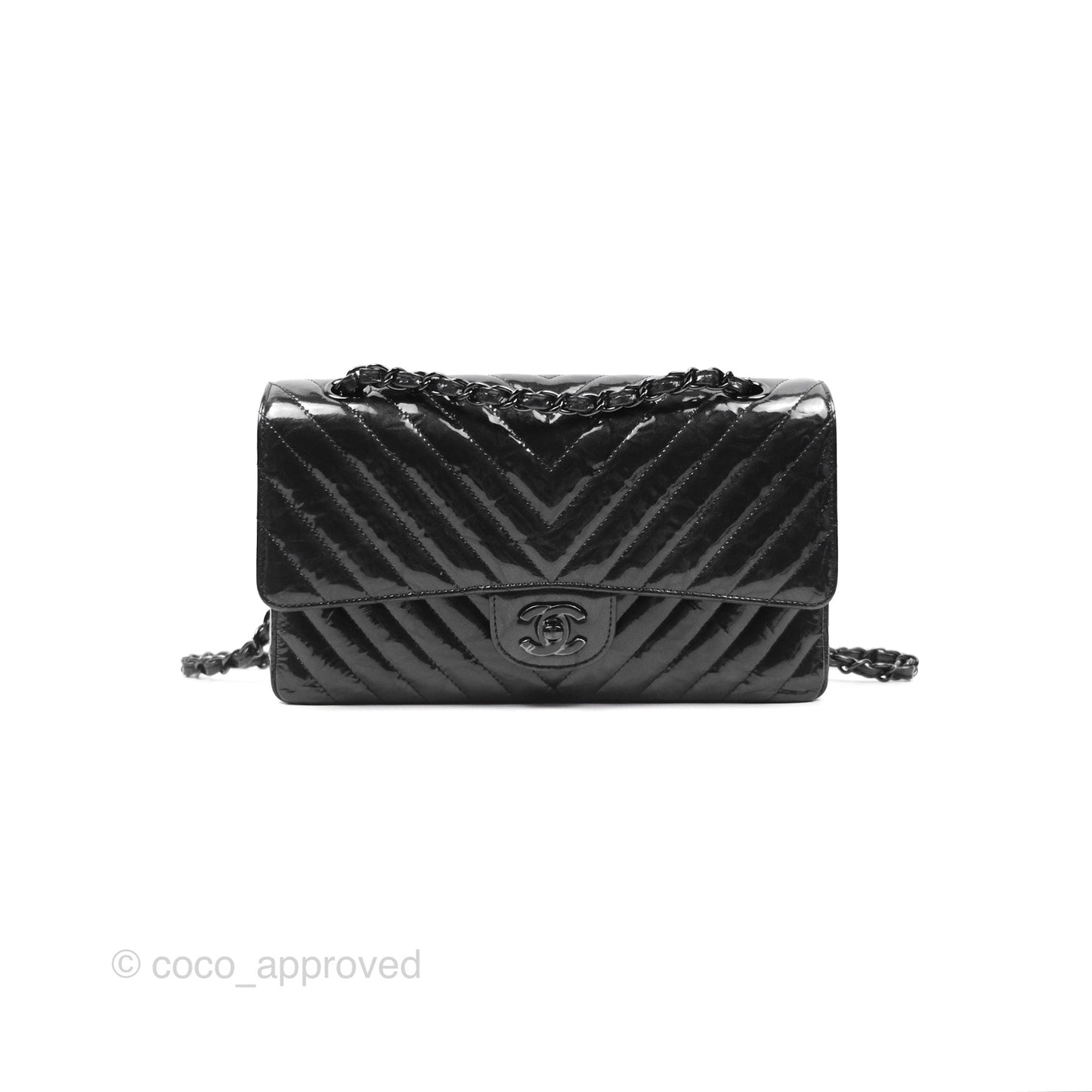 Chanel Classic Chevron M/L Medium Double Flap So Black Patent Calfskin
