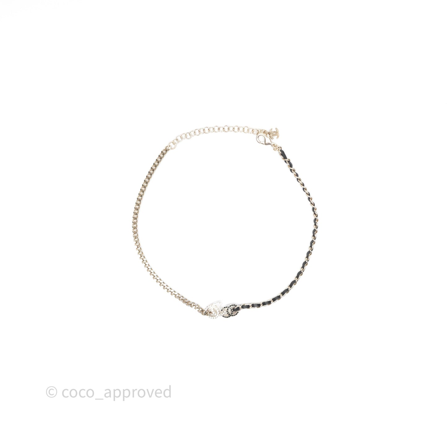 Chanel Crystal CC Black Leather Chain Choker Gold Tone 24V