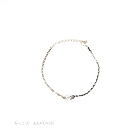 Chanel Crystal CC Black Leather Chain Choker Gold Tone 24V