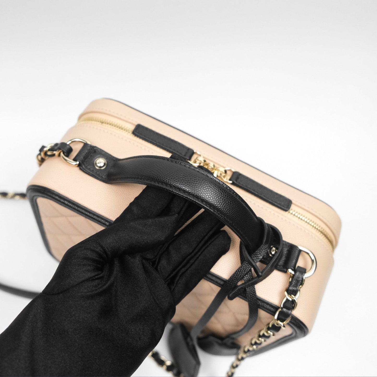 Chanel Quilted Large CC Filigree Vanity Case Beige Black Caviar
