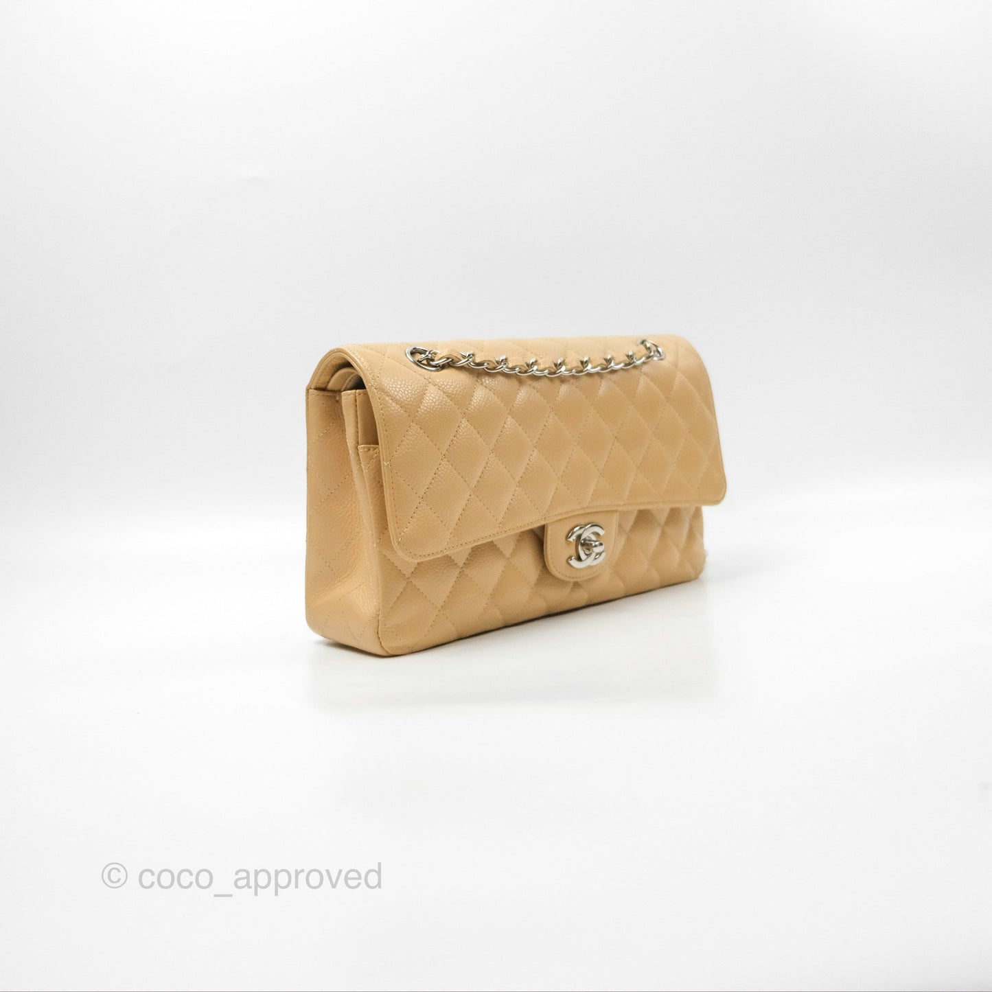Chanel Classic M/L Medium Flap Quilted Beige Caviar Silver Hardware