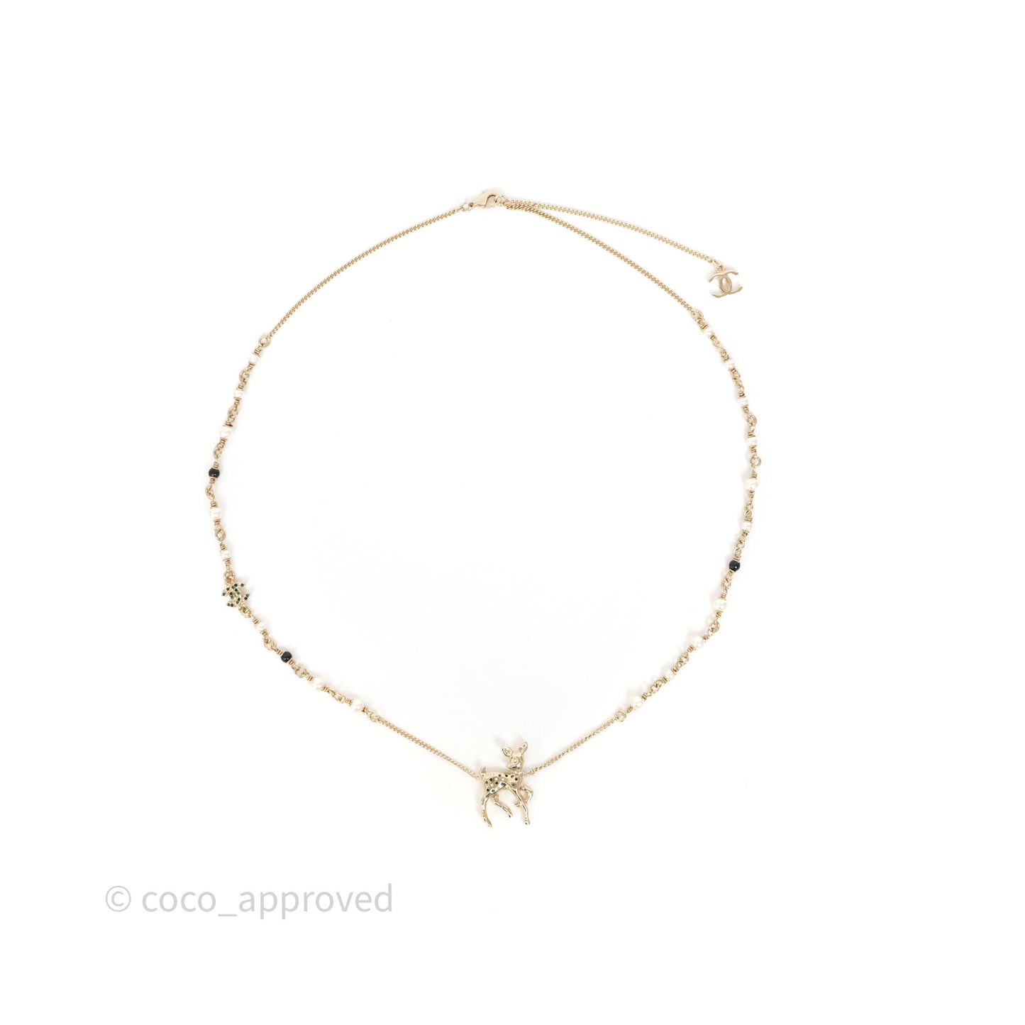 Chanel Crystal CC Pearl Deer Necklace Gold Tone 26C