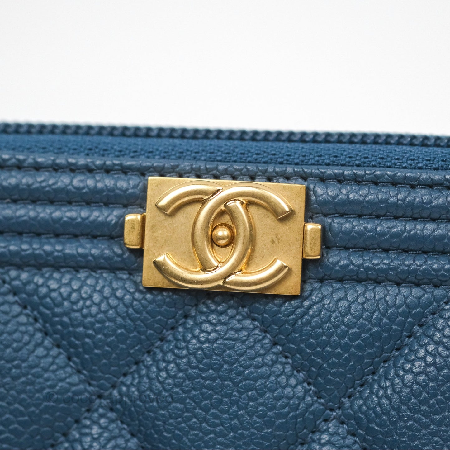 Chanel Quilted Boy Zip Card Holder Blue Caviar Aged Gold Hardware