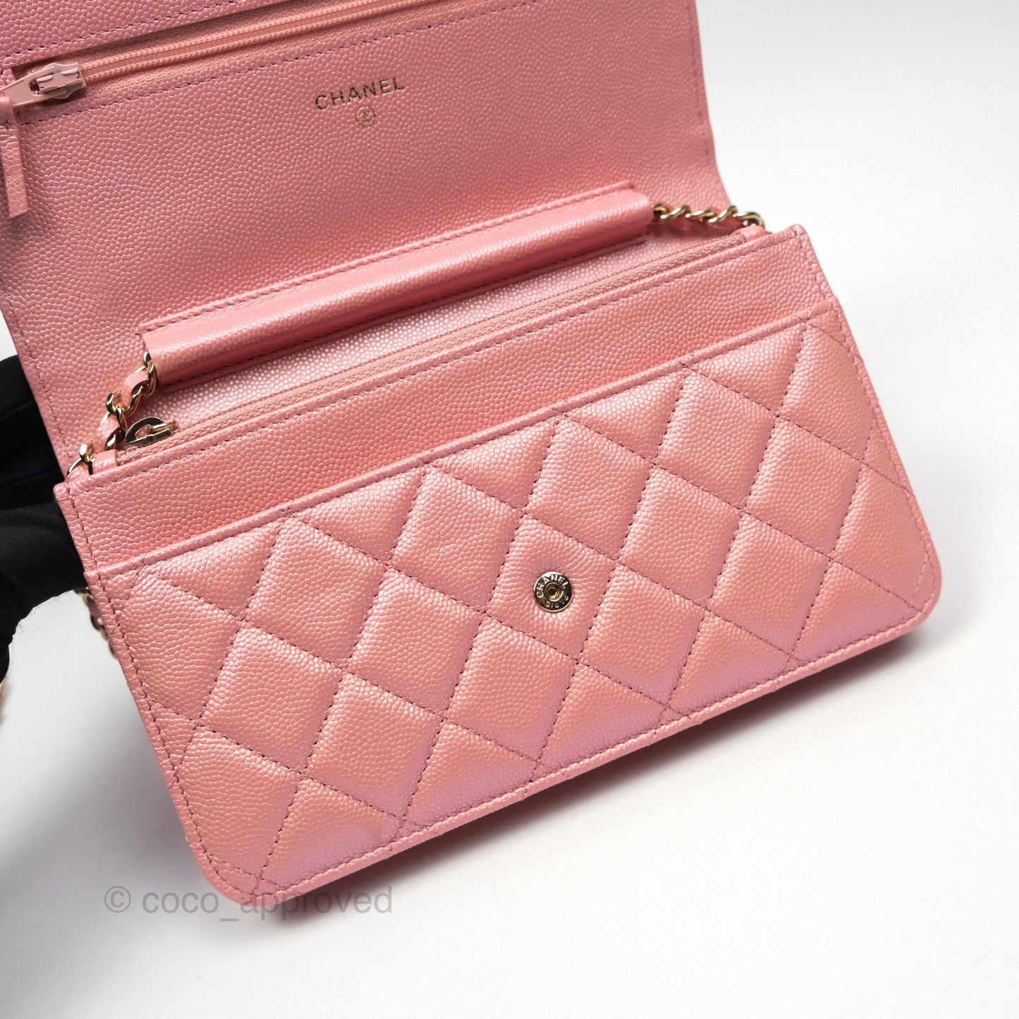 Chanel Classic Quilted Wallet on Chain WOC Iridescent Pink Caviar Gold Hardware