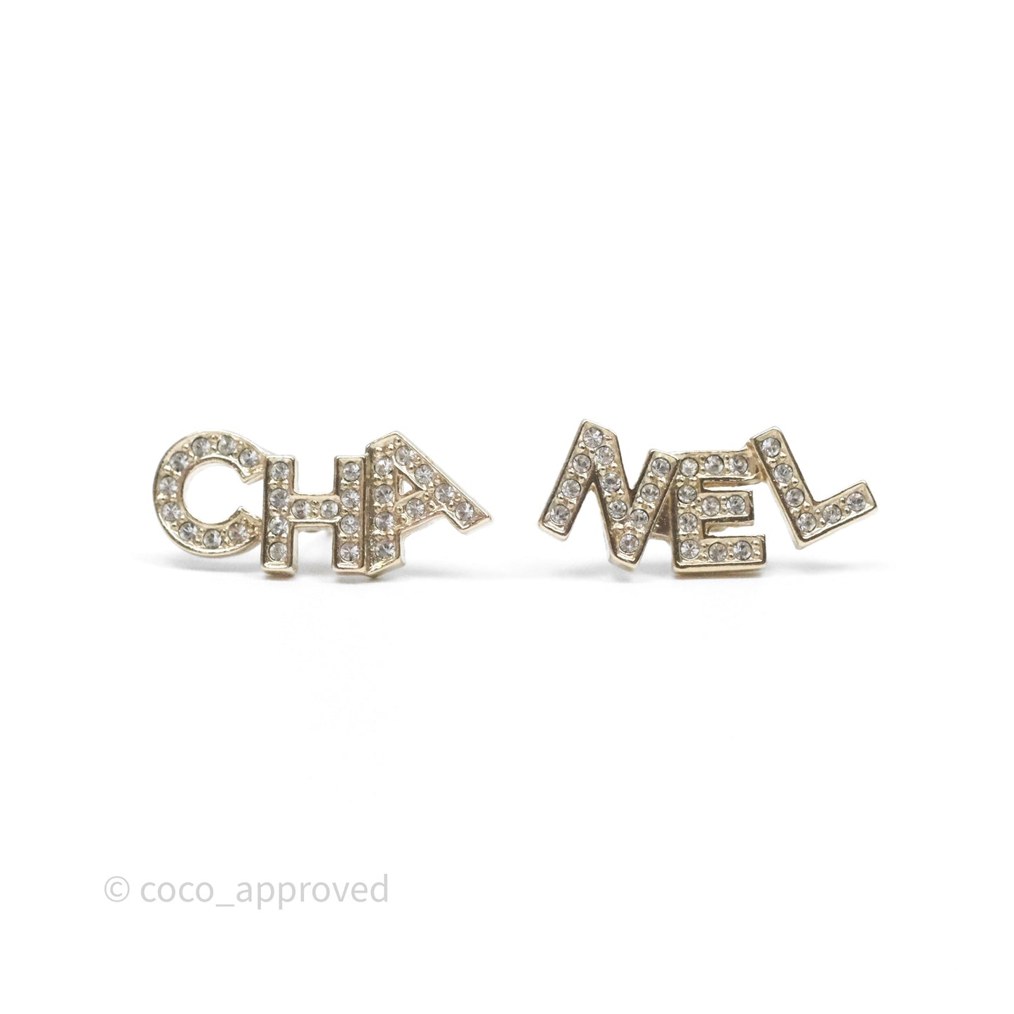 Chanel Logo CHA-NEL Crystal Earrings Gold Tone 20B