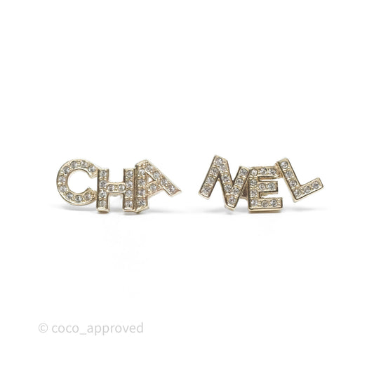 Chanel Logo CHA-NEL Crystal Earrings Gold Tone 20B