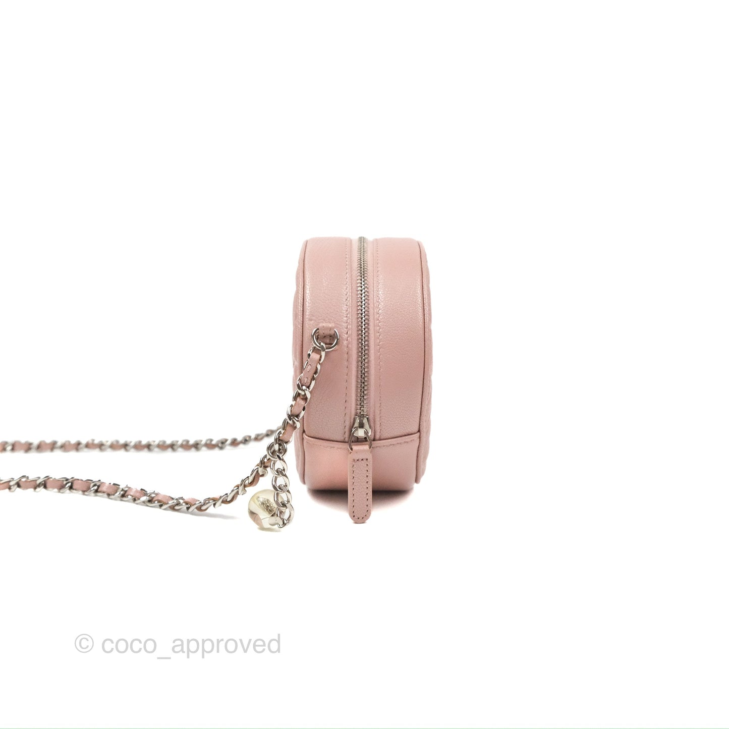 Chanel Camellia Embossed Round Clutch With Chain Iridescent Light Pink Goatskin Silver Hardware