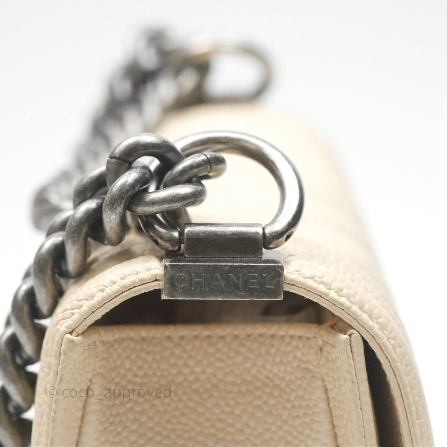 Chanel Small Boy Chevron Beige Caviar Ruthenium Hardware