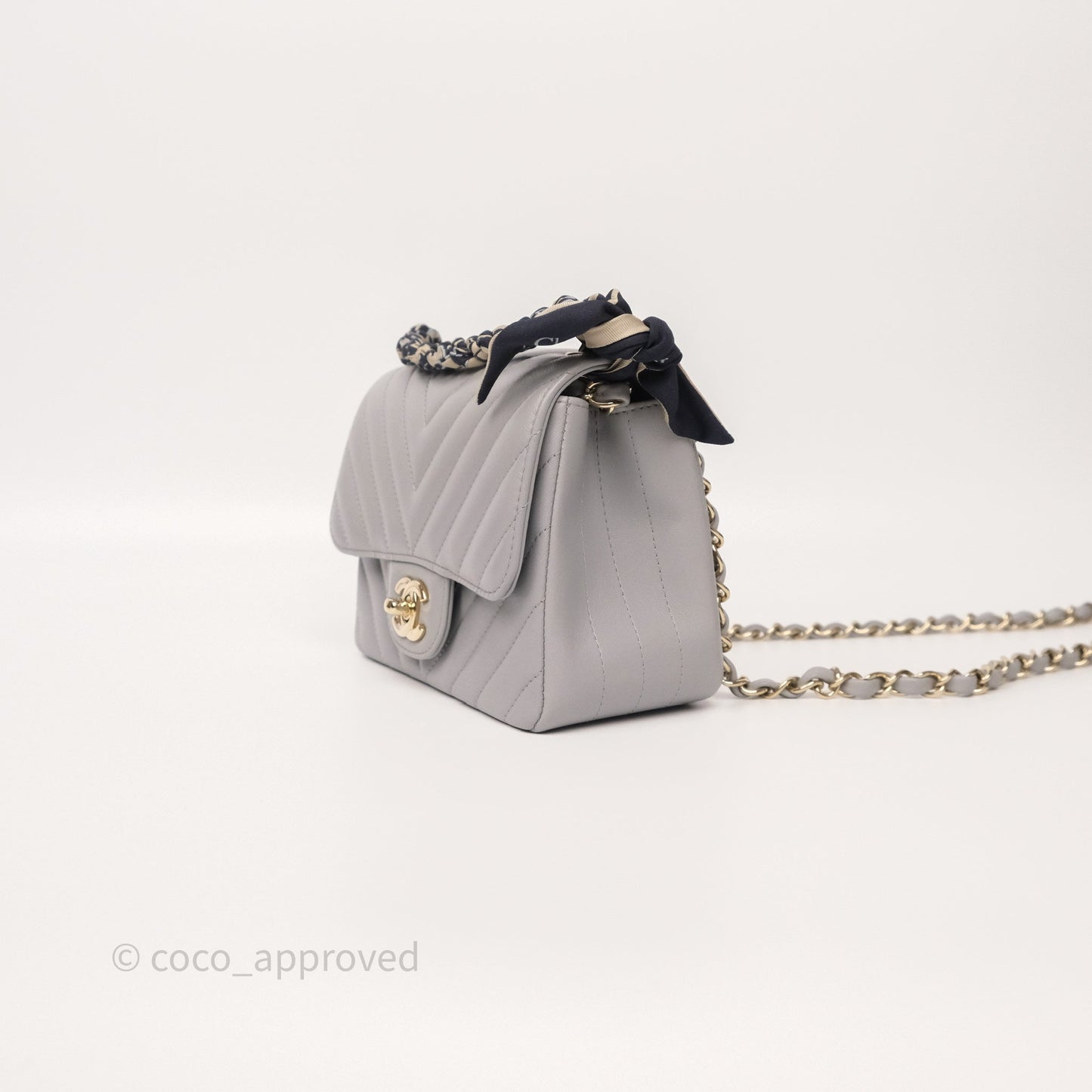 Chanel Mini Square Flap Chevron Grey Lambskin Gold Hardware