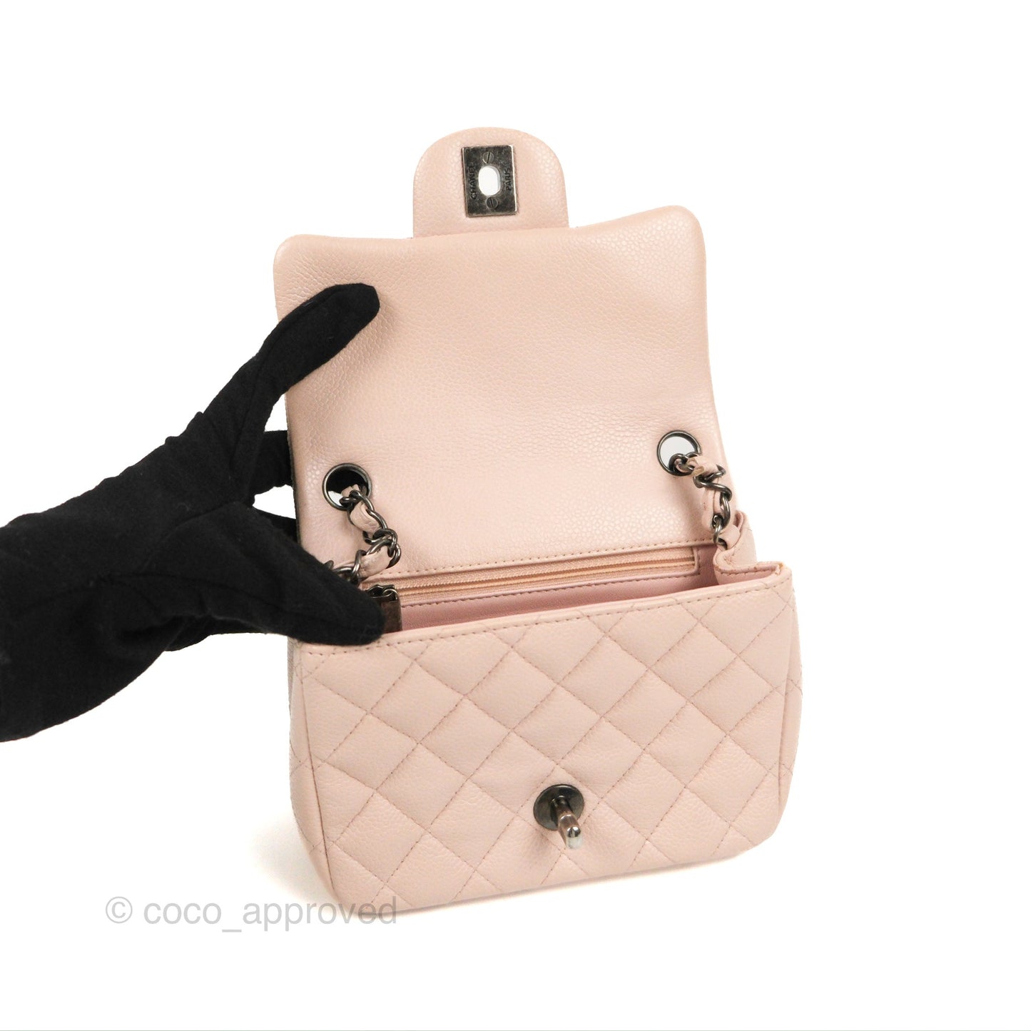 Chanel Quilted Mini Square Flap Pale Pink Caviar Ruthenium Hardware