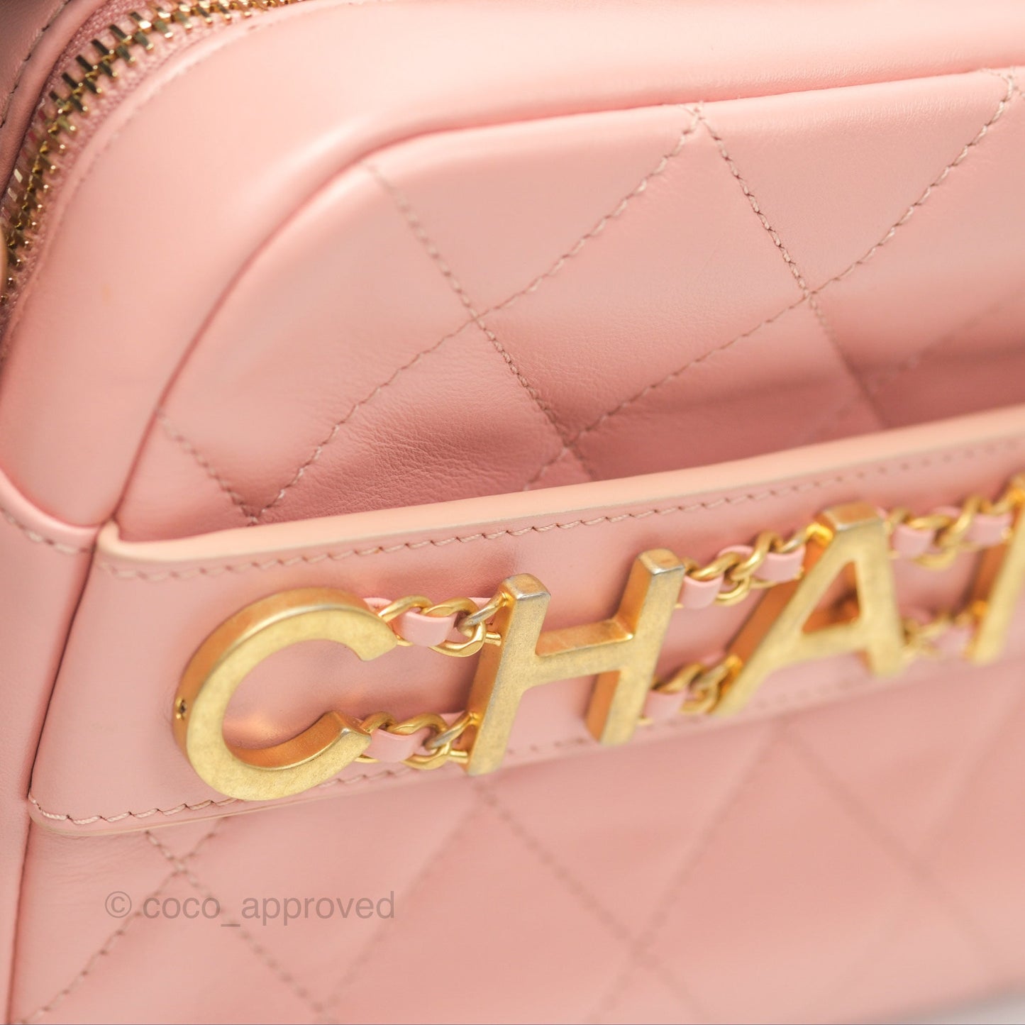 Chanel Logo Enchained Camera Bag Pink Calfskin Aged Gold Hardware