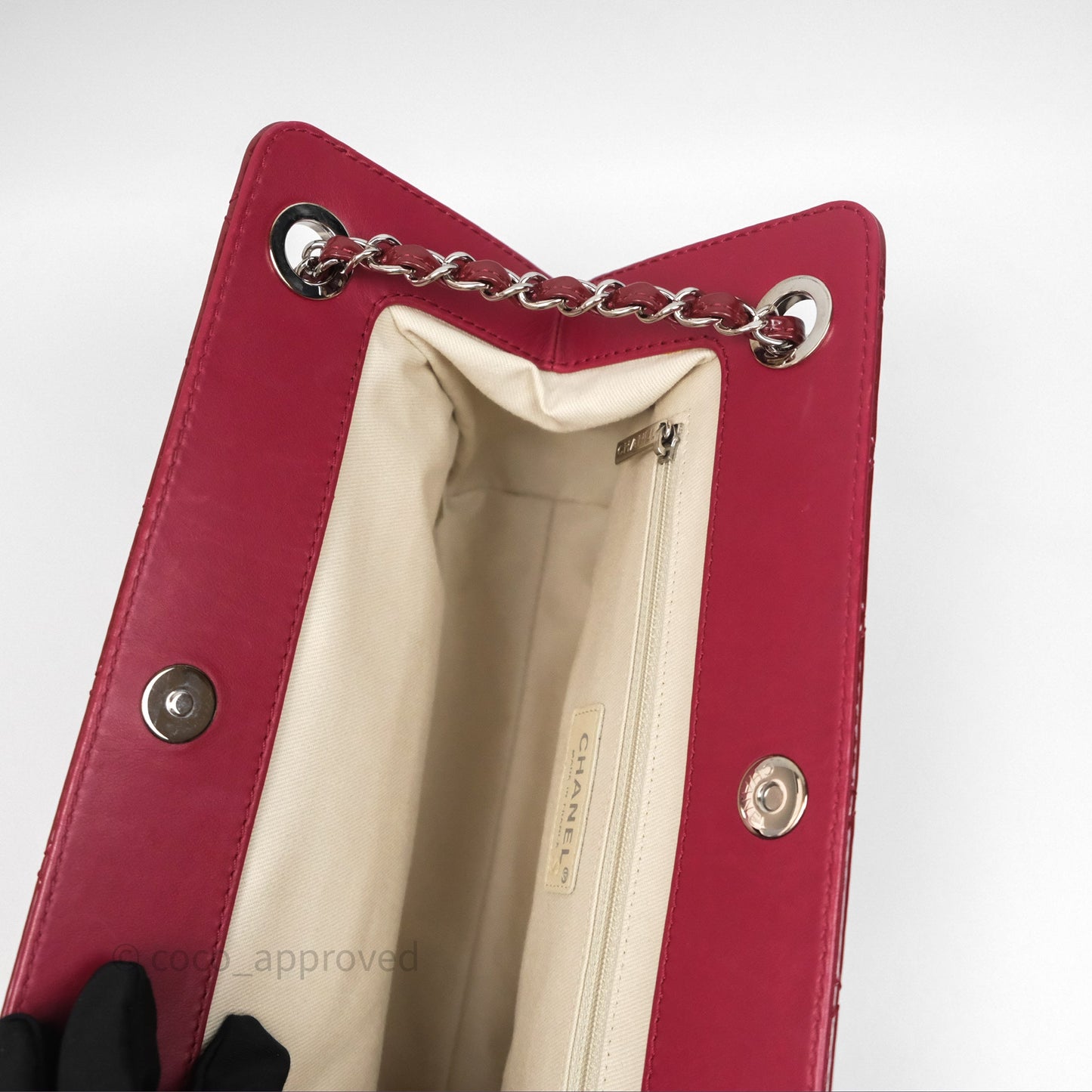 Chanel CC Shopping Tote Bag Red Patent Silver Hardware
