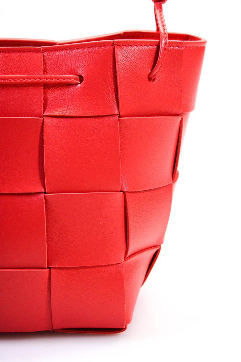 Luxury Bottega Veneta Womens Small Cassette Intrecciato Leather Bucket Bag Handbag Red