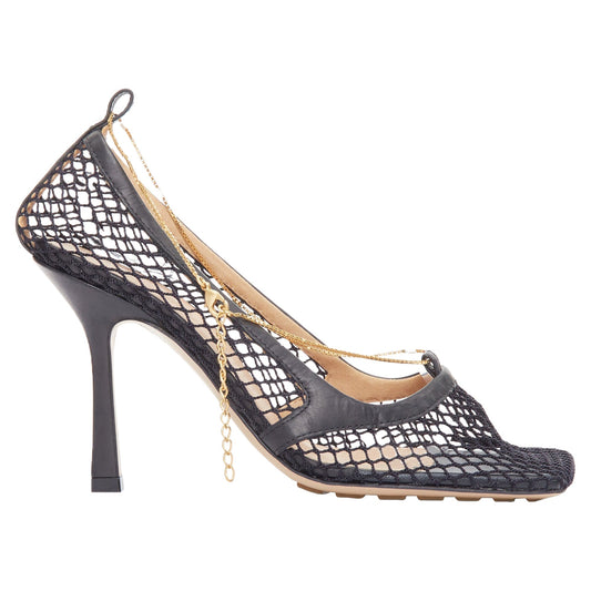 Luxury Bottega Veneta stretch leather mesh net gold chain spool heels