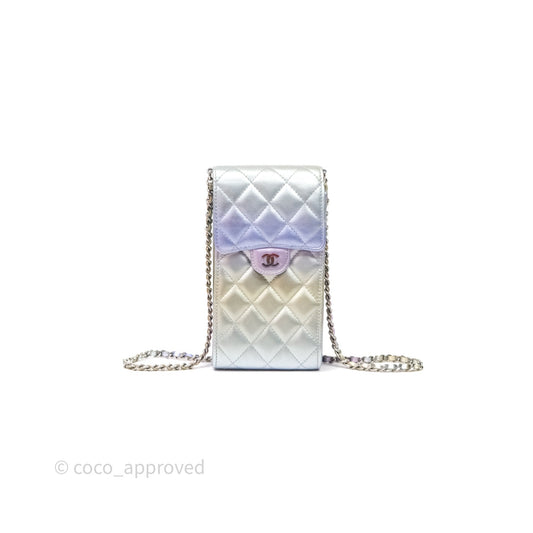 Chanel Classic Quilted Metallic Rainbow Lambskin Phone Holder Rainbow Hardware