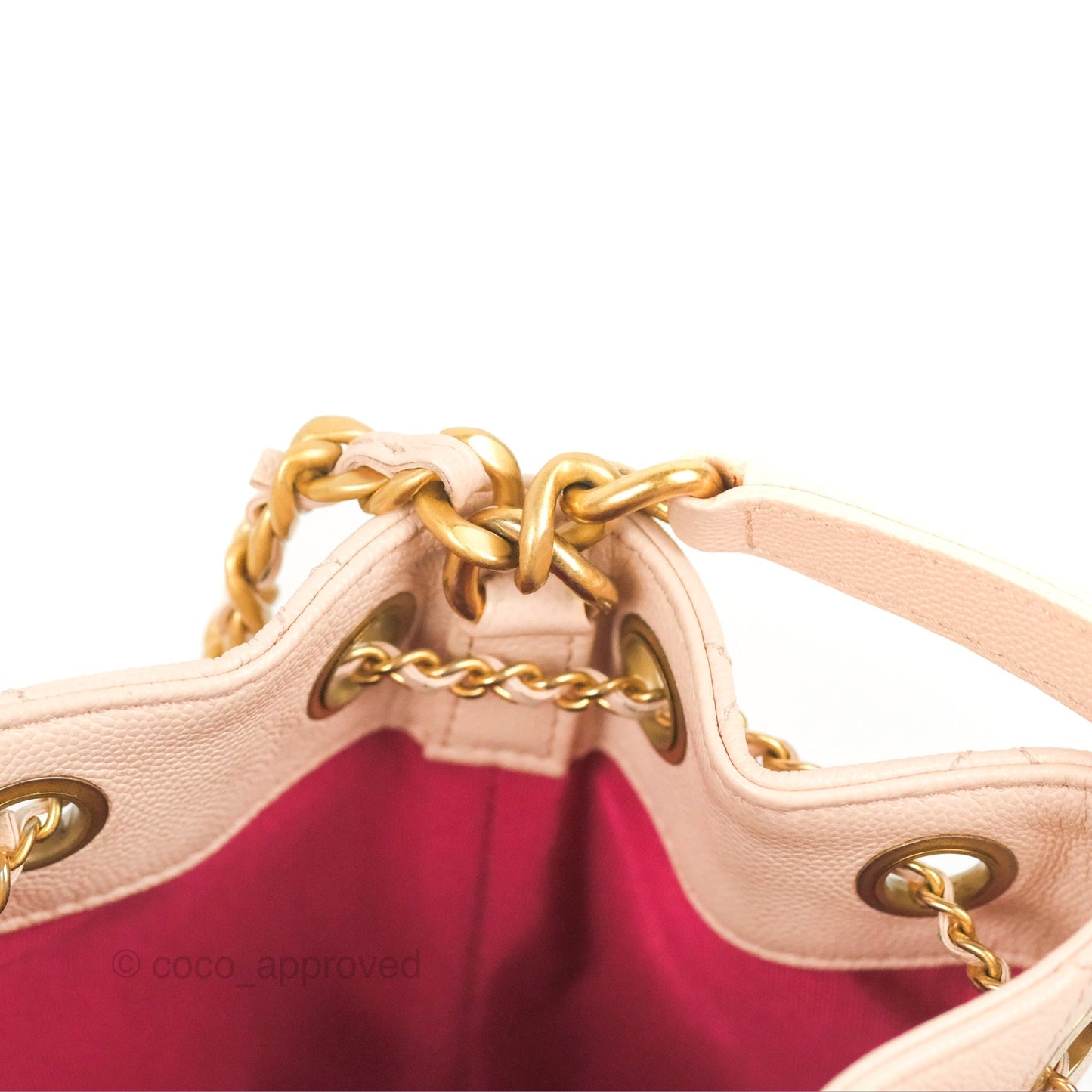 Chanel Quilted Top Handle Drawstring Bucket Bag Pink Caviar Aged Gold Hardware