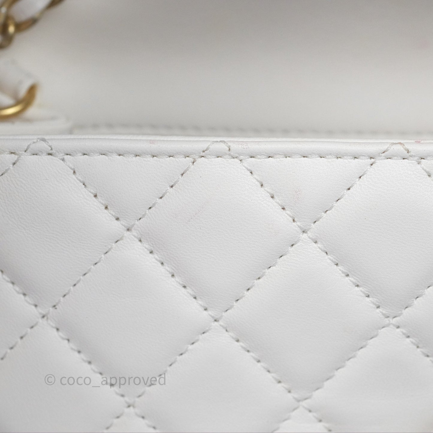 Chanel Mini Rectangular Pearl Crush Quilted White Lambskin Aged Gold Hardware