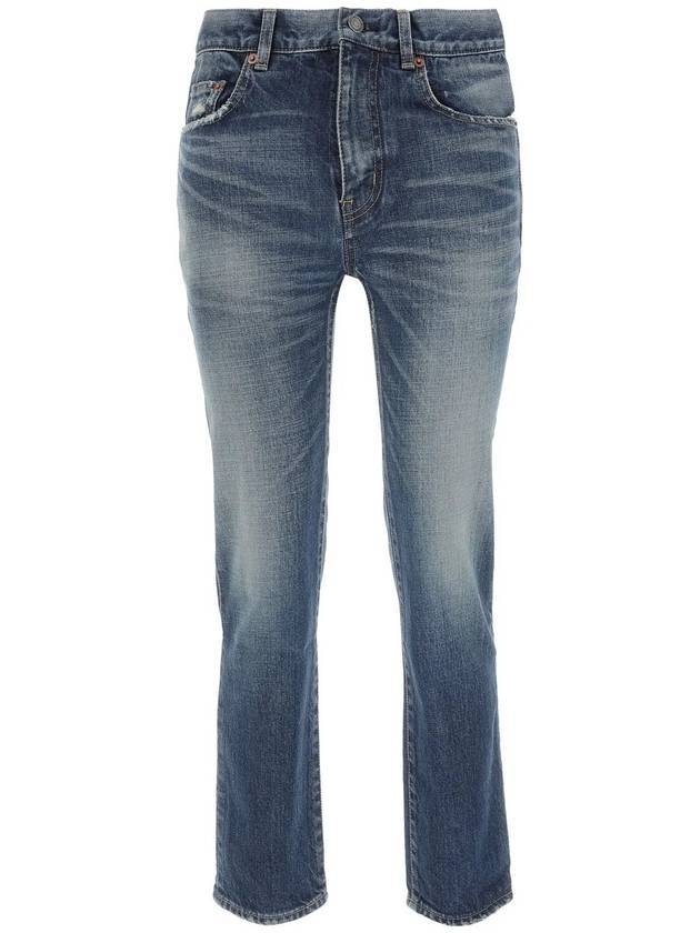 Luxury Saint Laurent Logo Patch High Waist Jeans Blue