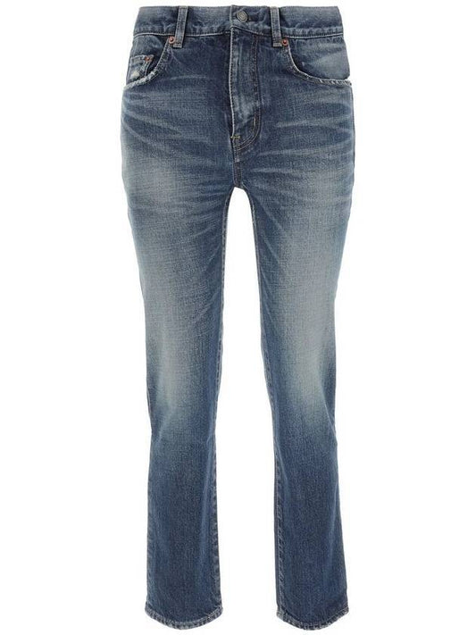 Luxury Saint Laurent Logo Patch High Waist Jeans Blue