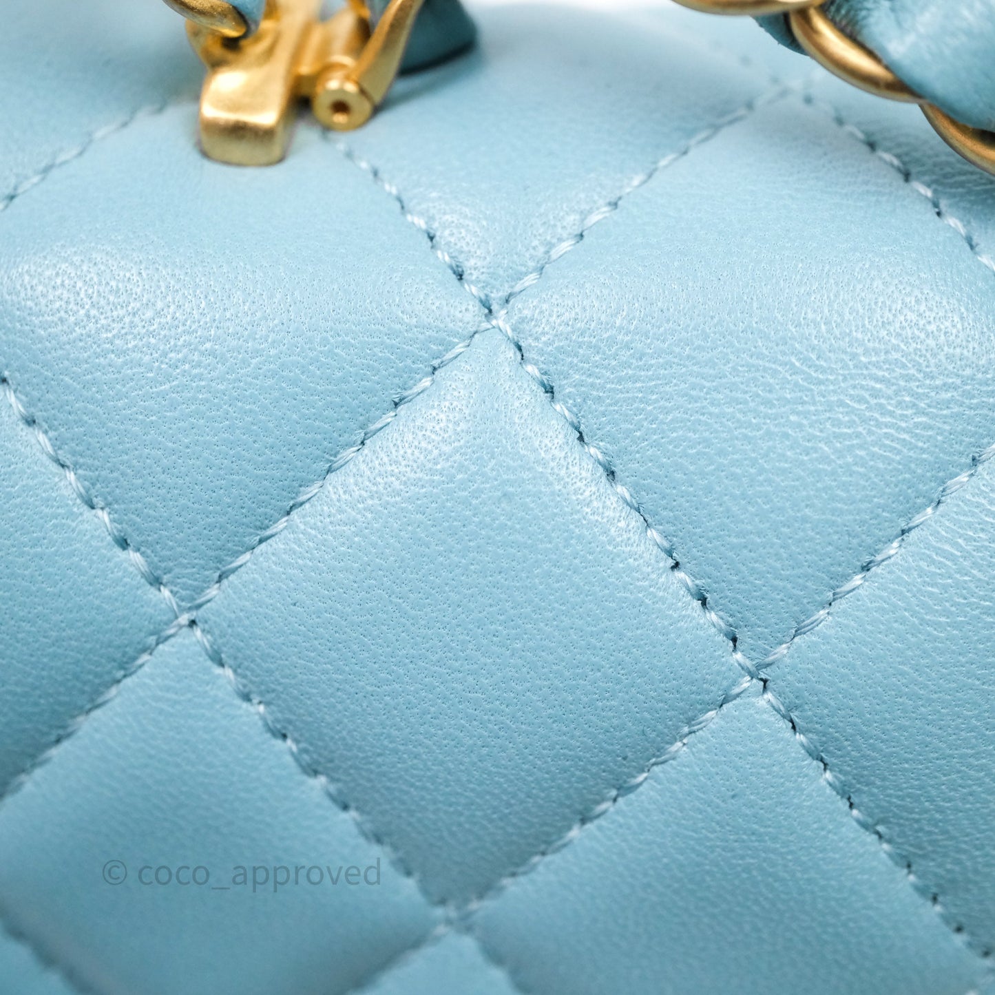Chanel Flap Bag with Crystal Logo Top Handle Tiffany Blue Lambskin Aged Gold Hardware