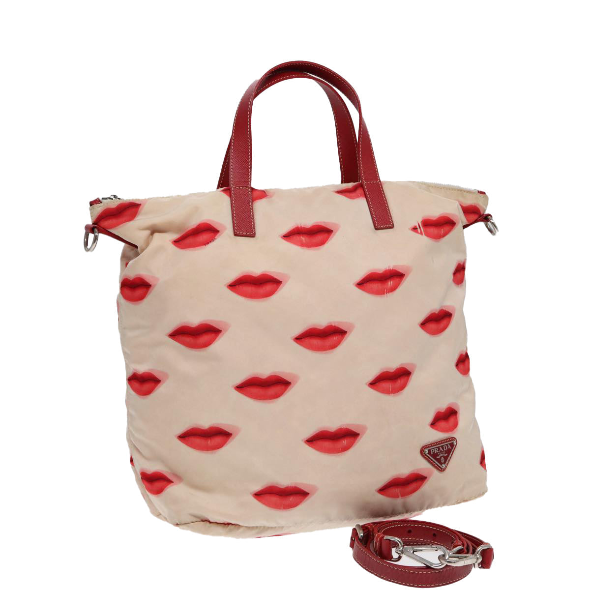 Luxury Prada Hand Bag Nylon 2way Beige Red Silver  85160