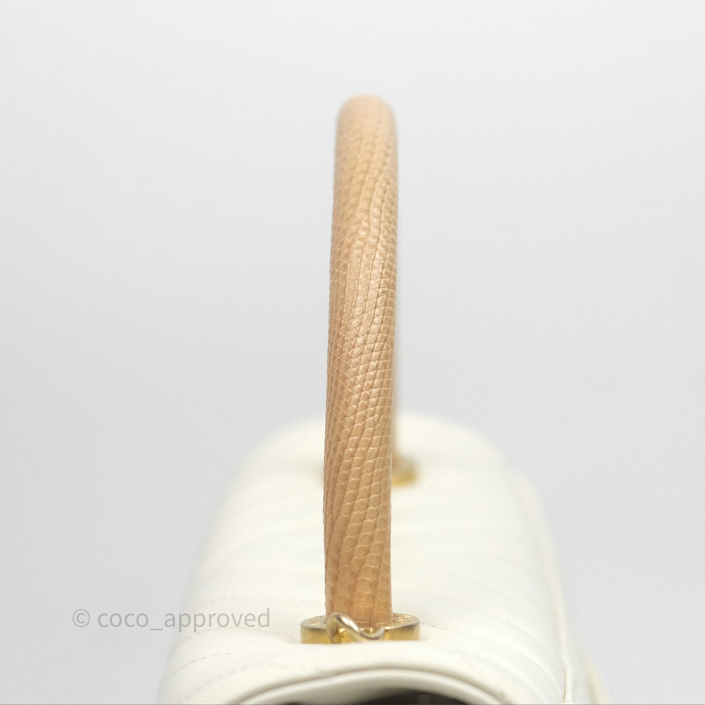 Chanel Medium Coco Handle Chevron Aged Calfskin Ivory Aged Gold Hardware Beige Lizard Handle