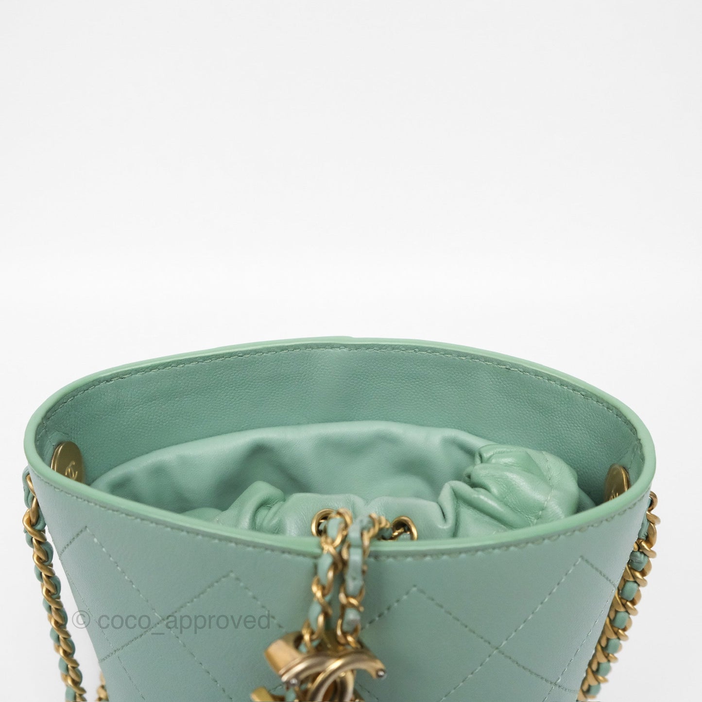 Chanel Drawstring Bucket Bag Quilted Green Caviar Aged Gold Hardware