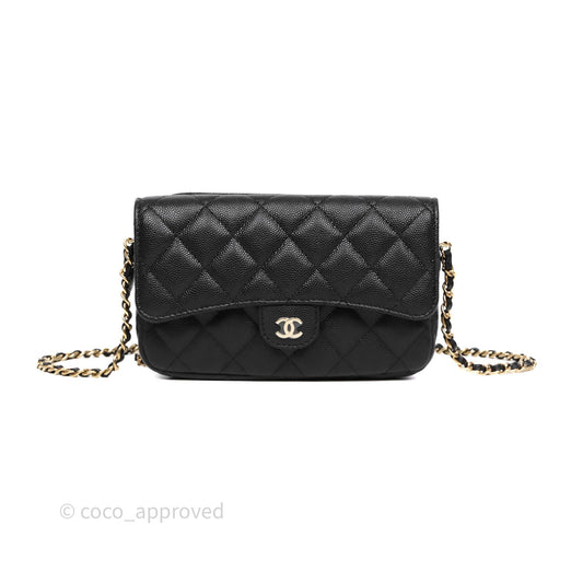 Chanel Classic Flap Phone Holder With Chain Black Caviar Gold Hardware