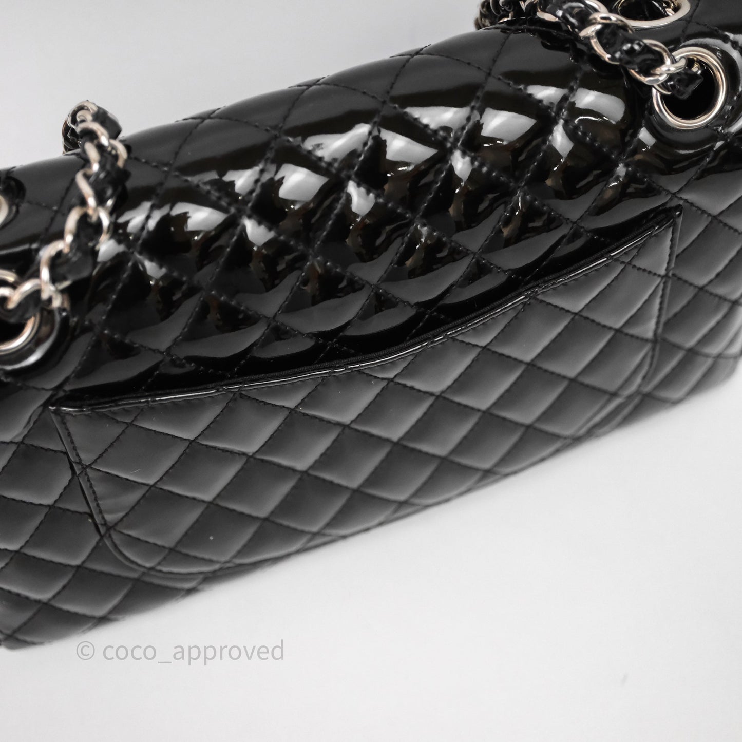 Chanel Quilted Medium Flap Black Patent Silver Hardware