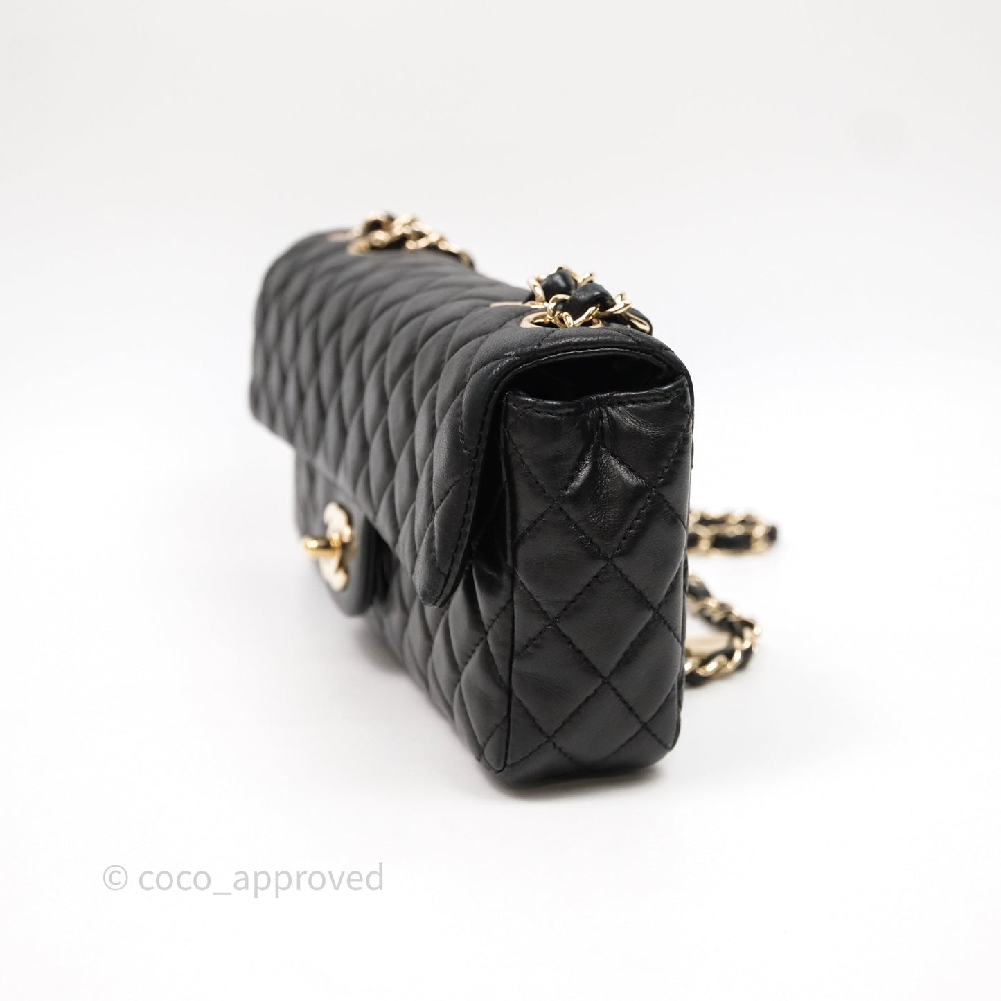 Chanel Quilted East West With Charm Flap Bag Lambskin Black Gold Hardware