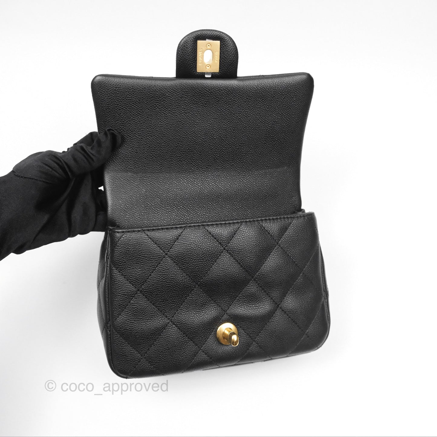 Chanel Mini Flap Bag Heart Adjustable Chain Black Caviar Aged Gold Hardware