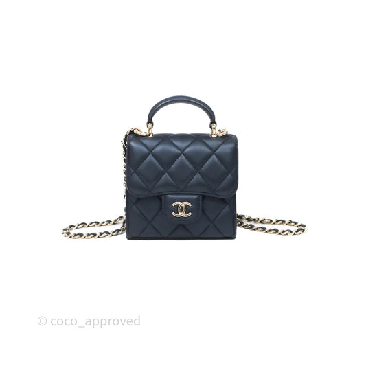 Chanel Mini Handle Clutch With Chain Iridescent Dark Navy Lambskin Gold Hardware
