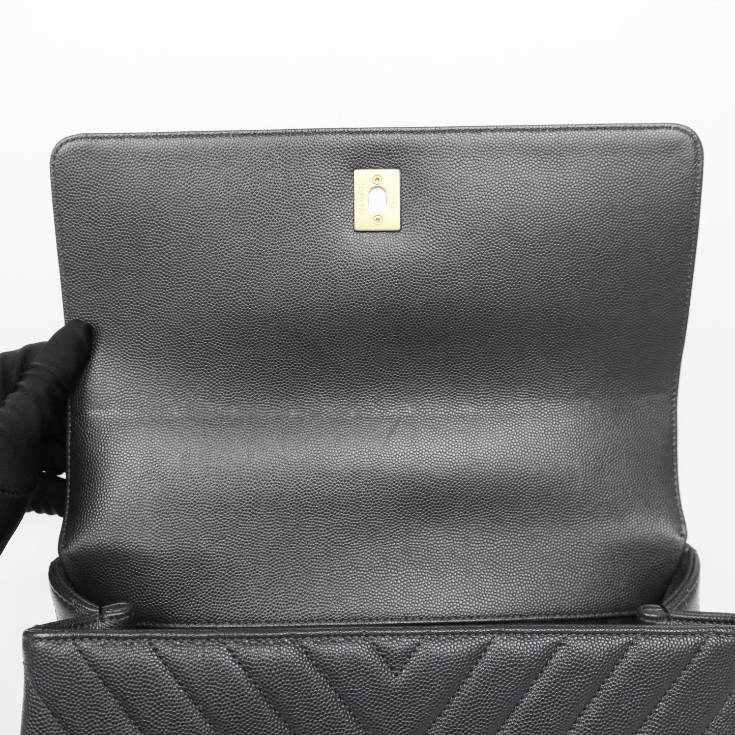 Chanel Medium Coco Handle Chevron Dark Grey Caviar Aged Gold Hardware