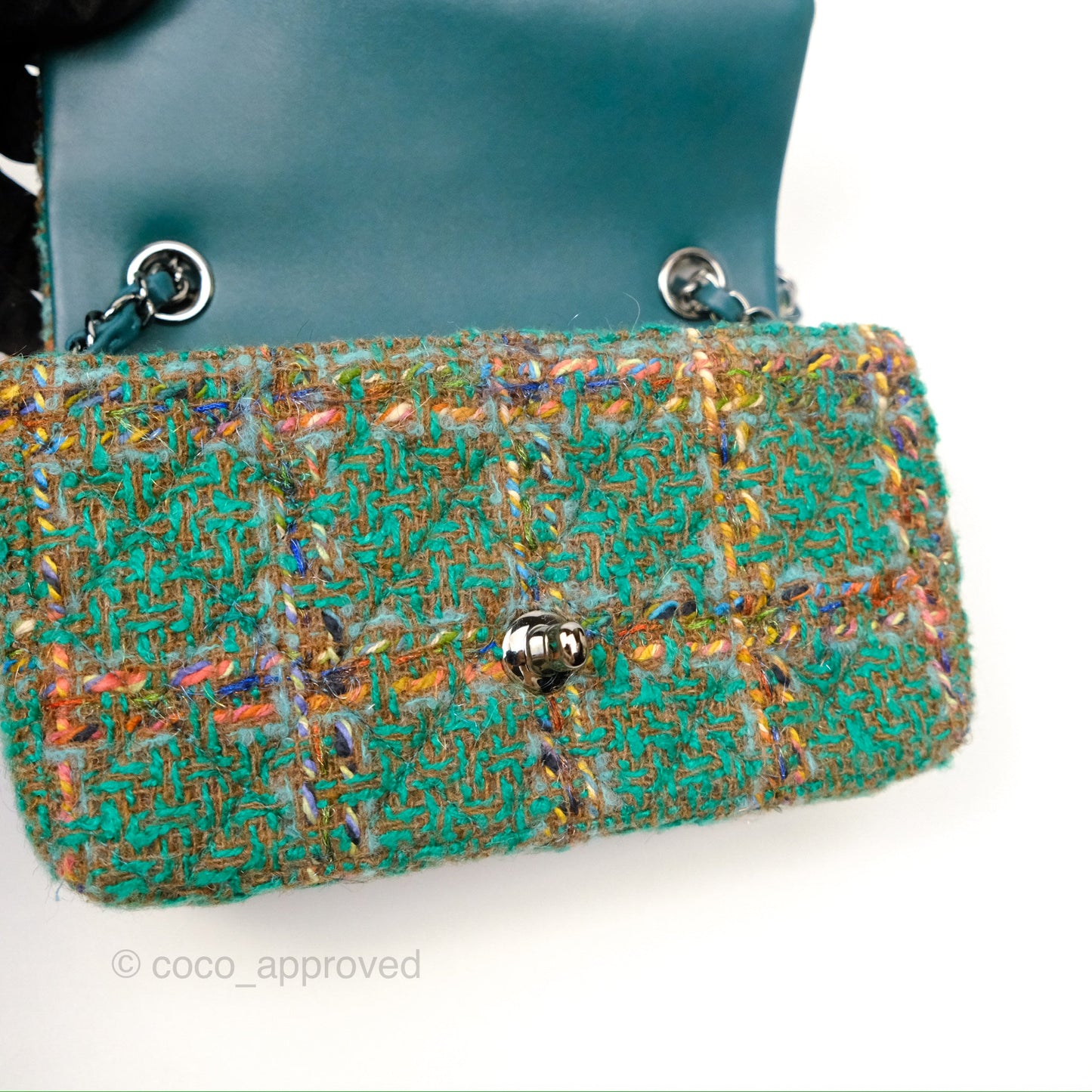 Chanel Mini Rectangular Flap Quilted Green Tweed Gun Metal 23A