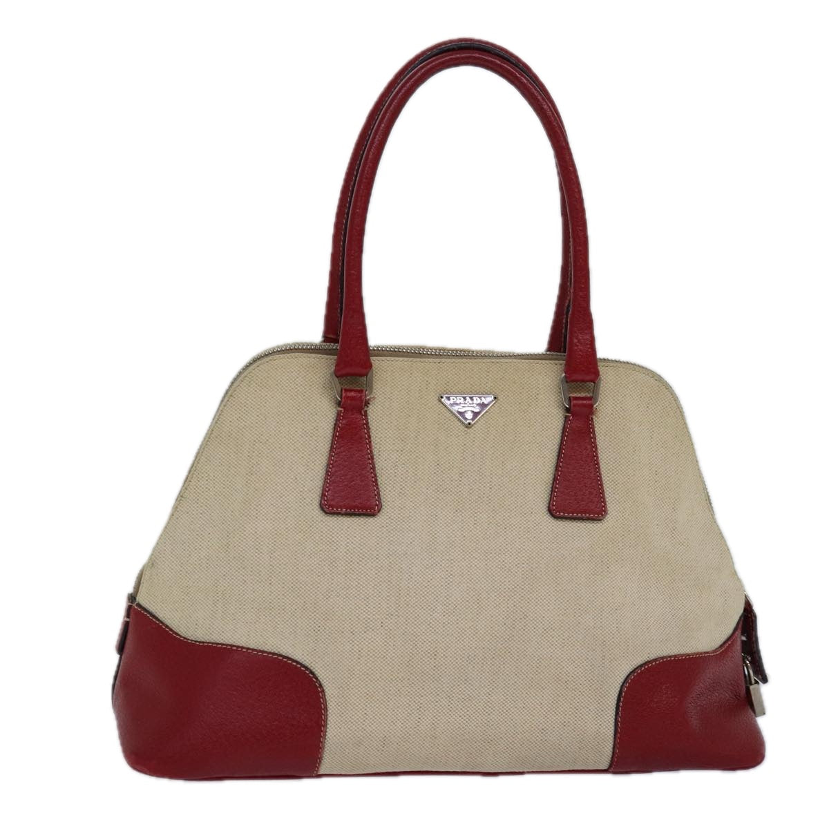 Luxury Prada Hand Bag Canvas Leather Red Beige Silver  85435