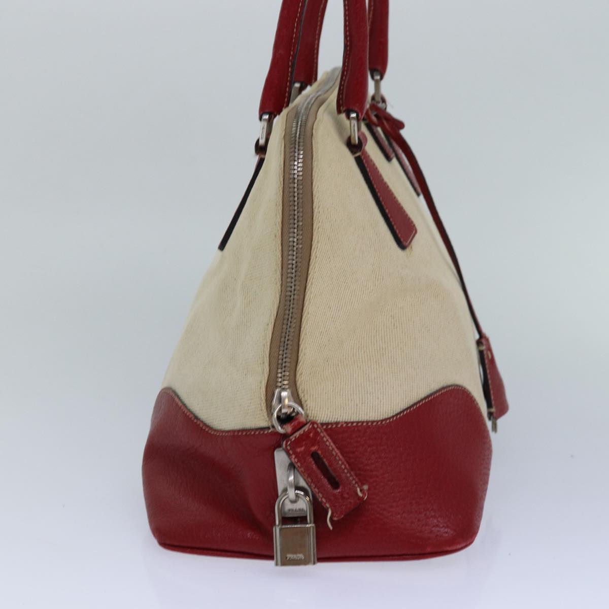 Luxury Prada Hand Bag Canvas Leather Red Beige Silver  85435