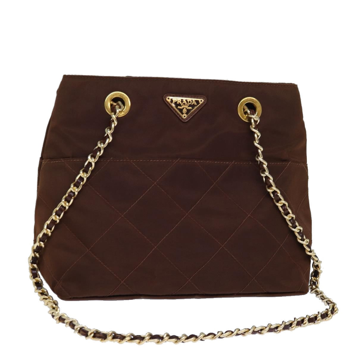 Luxury Prada Chain Shoulder Bag Nylon Brown Gold  85466