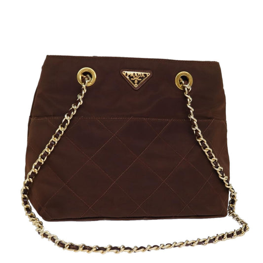 Luxury Prada Chain Shoulder Bag Nylon Brown Gold  85466
