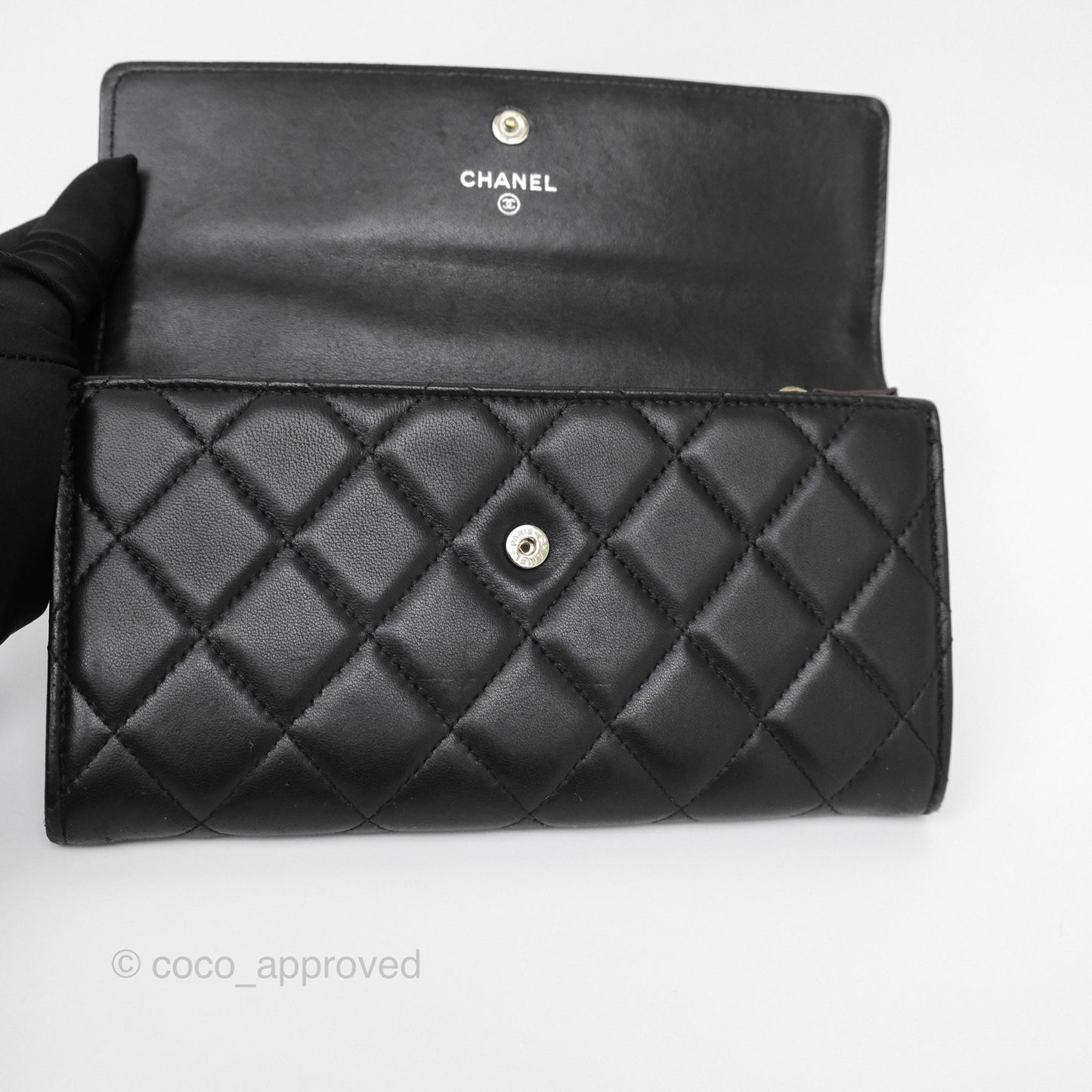 Chanel Classic Quilted Long Wallet Black Lambskin Silver Hardware