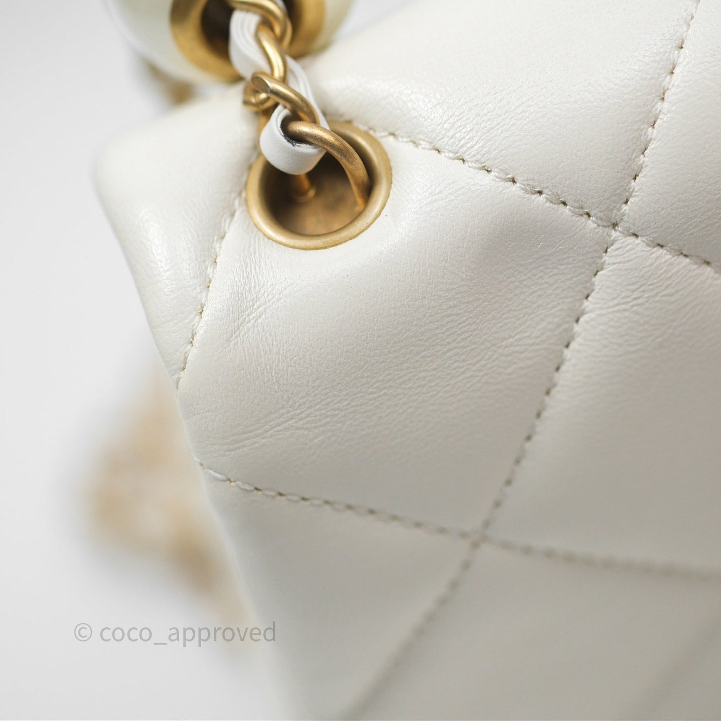 Chanel Quilted Double Pearl Adjustable Chain Flap Bag White Lambskin Aged Gold Hardware 24S