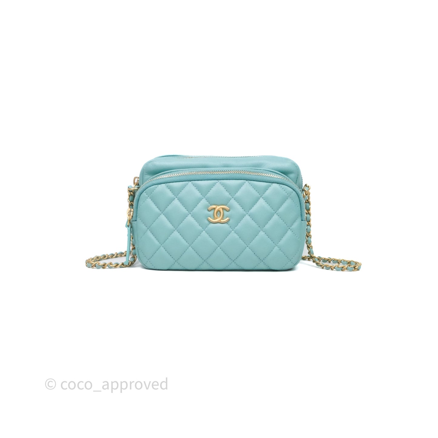 Chanel Camera Bag Quilted Pearly Turquoise Lambskin Aged Gold Hardware