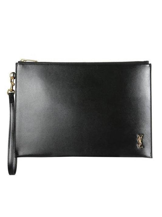 Luxury Saint Laurent Tiny Cassandre Shiny Leather Zip Tablet Clutch Bag Black