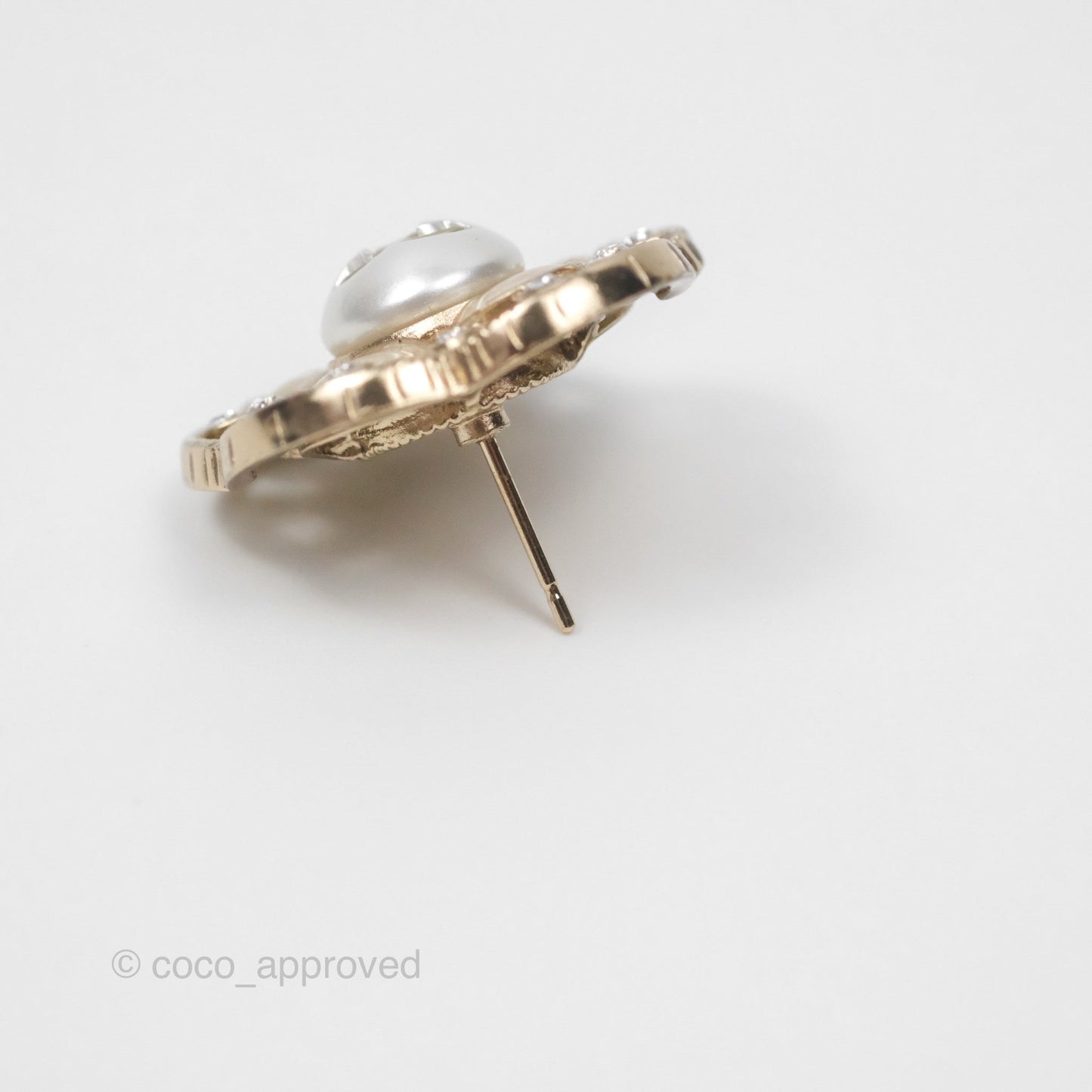 Chanel Crystal Pearl CC Flower Earrings Gold Tone 21B