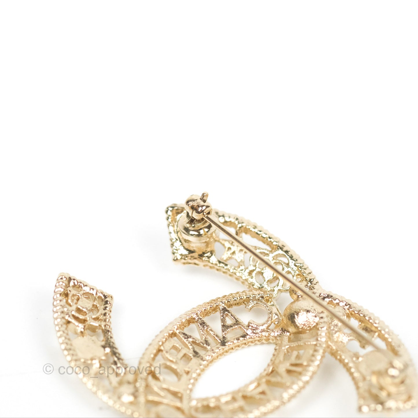 Chanel CC No5 Camellia Crystal Pearl Brooch Gold Tone 20C